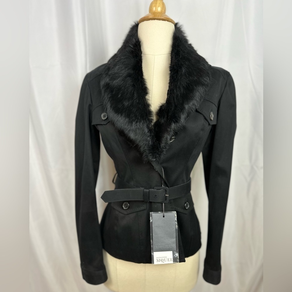 NWT 2005 Alexander McQueen Black Belted Jacket Rabbit Fur Collar IT 40